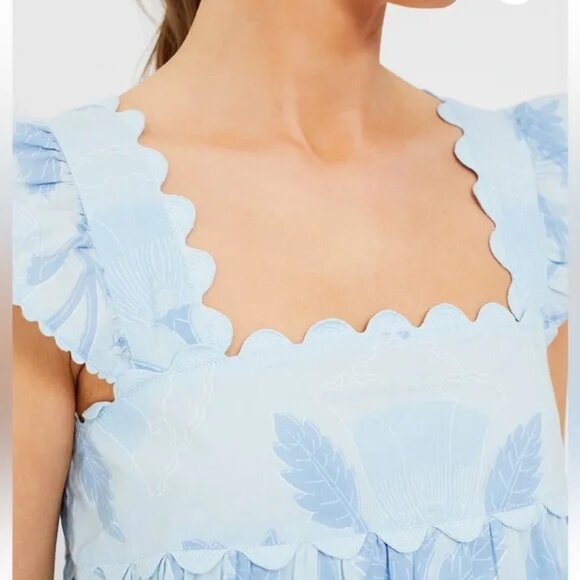 NWT JULIET DUNN Pale Blue Baby Doll Top with Bellflower Block Print Size 2 - Picture 3 of 6